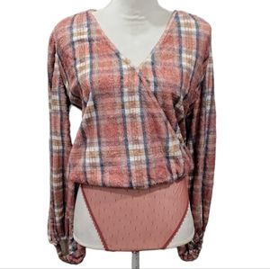 Mia Joy by Joyfolie Plaid Bubble Sleeve Soft Sweater Top Bodysuit Size Small